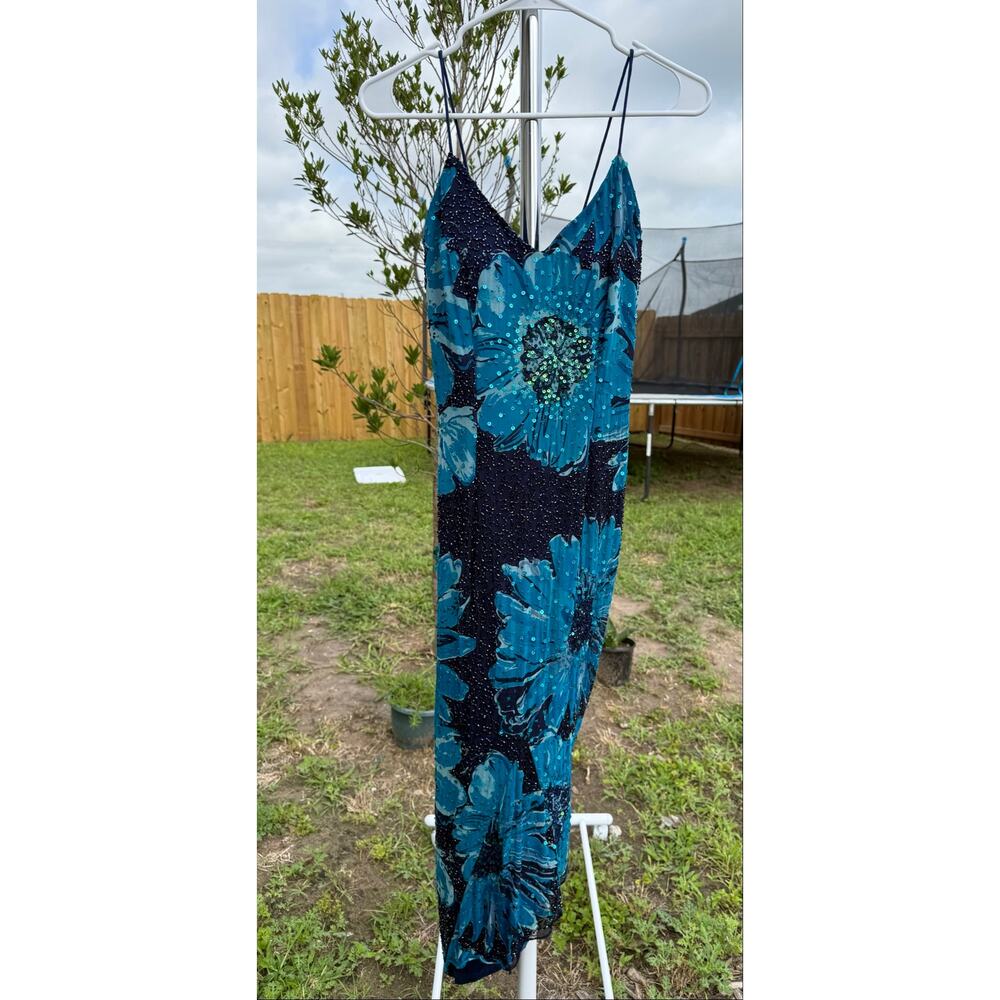 Vintage Y2K Sean Collection Silk Beaded Floral Asymmetrical Dress Size L